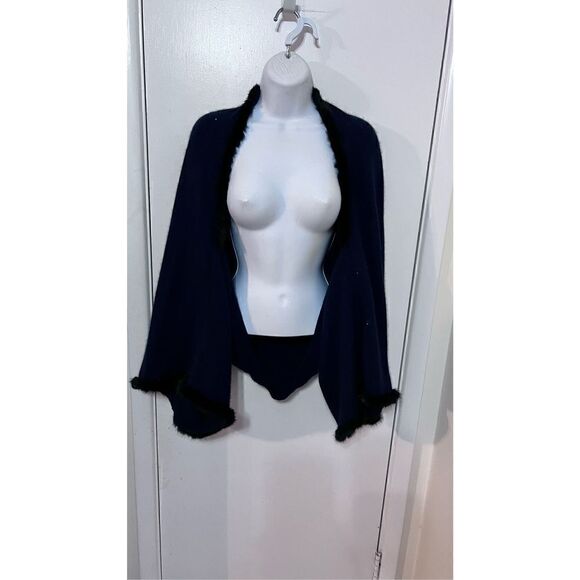 JOCELYN BLUE ANGORA RABBIT FUR TRIM SWEATER SHAWL CAPE  SCARF W/ SLEEVES SIZE M - Picture 11 of 15